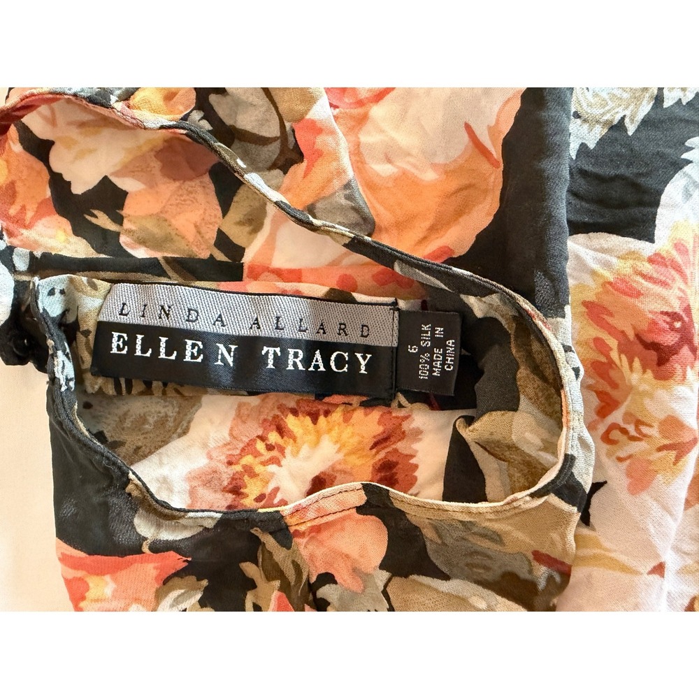 Linda Allard Ellen Tracy 100% Silk Floral Blouse Black Peach Short Sleeve Size 6 - Picture 3 of 7